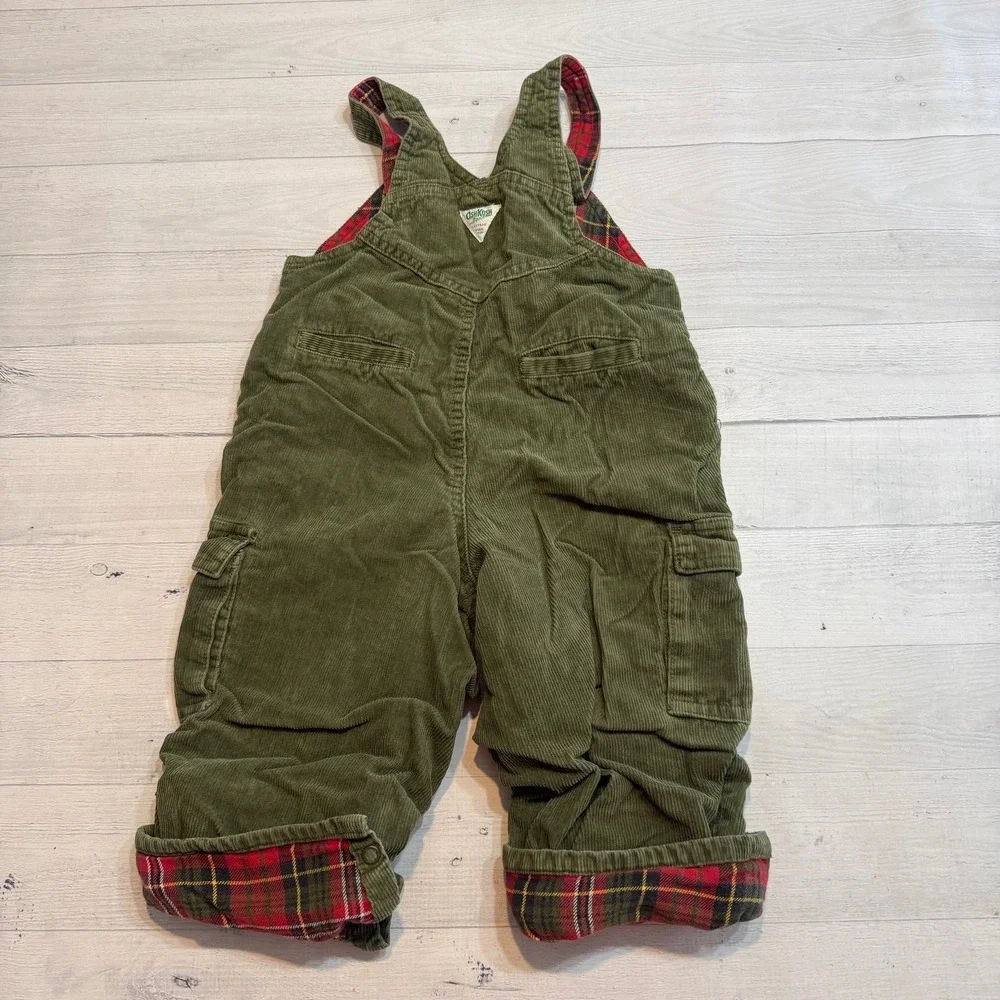 OshKosh B'Gosh baby boys green corduroy plaid‎ flannel lined overalls 24 months